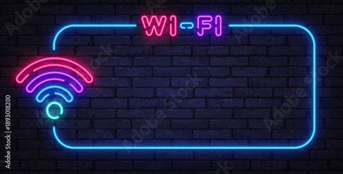 Neon Wi-Fi symbol with glowing frame shows connectivity and digital access. Modern light design fits cafes, hotels, and tech spaces.