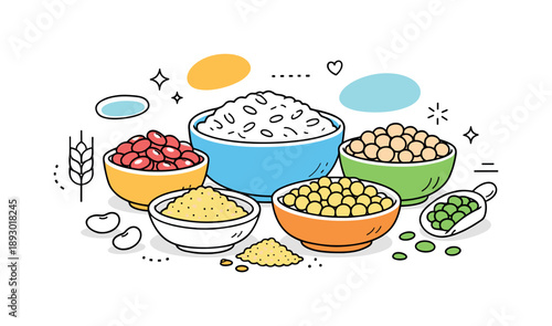 Grains and Legumes. Grains and legumes ingredients. Bowls filled with dry grains and beans arranged for cooking preparation. Calm kitchen-ready mood with soft