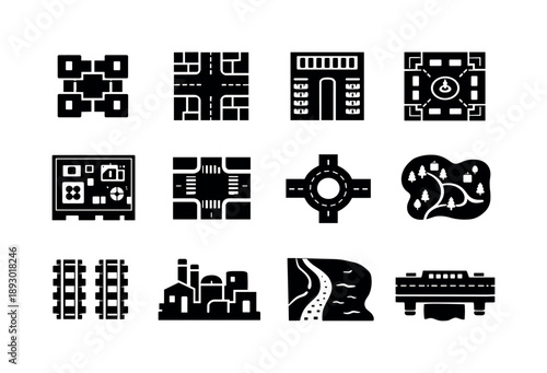 Urban Icon Grid. Urban Top View. Solid icon set of Urban Top View: apartment blocks, street grid, parking lot, city square, rooftop HVAC, crosswalks,