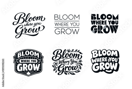 Diverse Lettering Artworks. Bloom where you grow lettering. Set lettering. harmonious lettering variations of the same emblematic concept, each with different