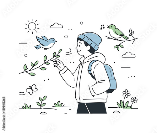 Spring Stroll Bliss. First spring walk. A person wearing a light jacket, noticing buds and birds around while walking outside. Calm lifestyle moment filled