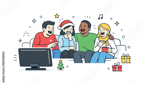 Joyful Holiday Viewing. Group watching holiday TV special reactions. People laughing and reacting together to a funny moment on screen. Shared emotions and