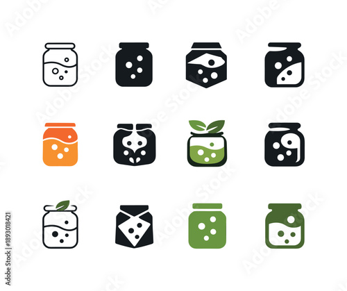 Kombucha Logo Variations. Crafting your own kombucha. Icon set. Set Logo of crafting your own kombucha: kombucha jar with bubbles. harmonious logo variations