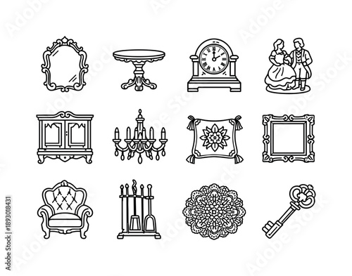 Antique Interior Icons. Antique Interior Style. Line icon set of Antique Interior Style: baroque mirror, pedestal table, vintage clock, porcelain figurine,