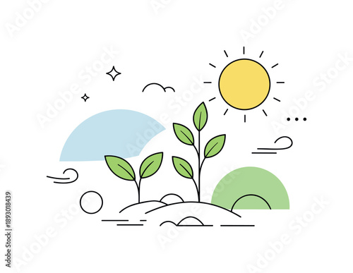 Fresh Nature Harmony. Fresh beginning abstract nature. Leaves, sun, and soft geometric shapes arranged in a balanced minimal composition. Modern conceptual