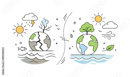 Harmony in Transition. Climate change soft transition. An abstract scene showing nature gently shifting from imbalance to harmony, with softened symbols of