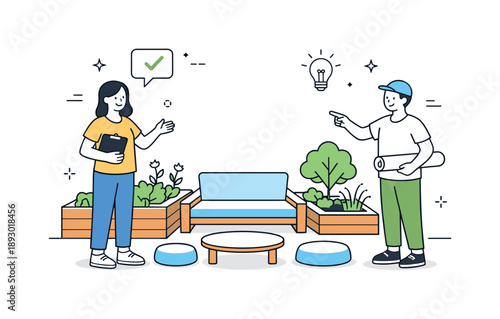 Collaborative Garden Design. Building a garden space with a seating area and planters for relaxation. Two people discussing layout ideas while pointing at
