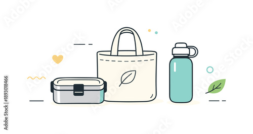 Zero Waste Essentials. Zero waste products minimal scene. A single reusable container, bag, and bottle centered with lots of air around. Simplicity, reuse, and