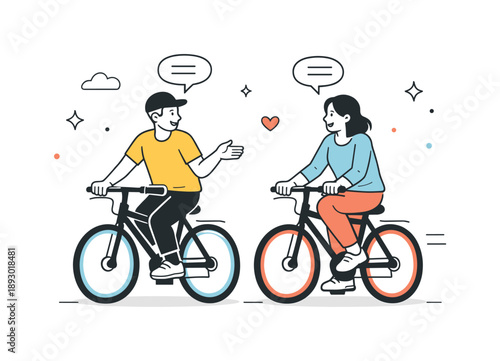 Cycling Friendship Fun. Bike riding together. Friends cycling side by side and talking while riding. Social connection and shared activity. Minimalist flat