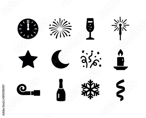 Midnight Icons Celebration. Midnight celebration. Solid icon set of midnight celebration: clock at midnight, fireworks burst, champagne glass, sparkler, star