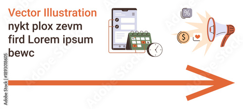 Marketing, digital tools, business planning, promotion, communication, and advertising. Smartphone, calendar clock megaphone with symbols and graphic arrow. Marketing and digital tools concept