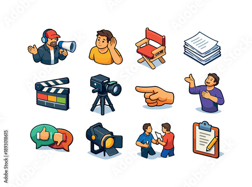Directing Icons Set. Directing. Colorful isometric vector icons set of Directing: film director, actor listening, director chair, script pages, clapperboard,