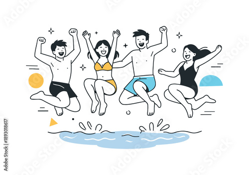 Joyful Lake Jump. Friends jumping in lake. A group of friends leaping into the water together, laughing and enjoying a summer moment. Spontaneous fun and