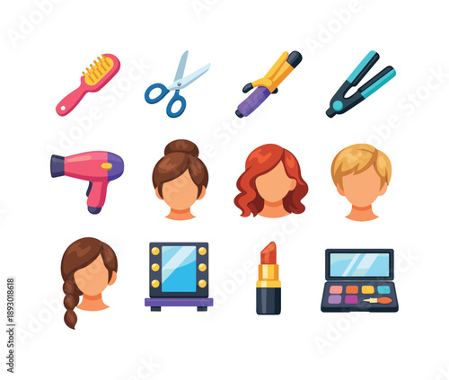 Beauty Icon Trends. Hairstyles and beauty trends. Colorful flat vector icons set of Hairstyles and beauty trends: hairbrush, scissors, curling iron,