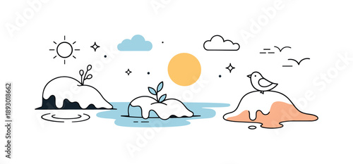 Winter's Gentle Transition. End of winter. A calm abstract scene with melting shapes and soft lines, suggesting the transition from cold to warmth. The mood