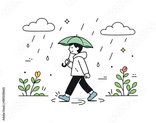 Spring Showers Stroll. Spring rain moment. A person walking calmly under a small umbrella as light rain falls, surrounded by budding plants and soft clouds.