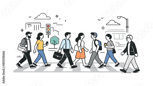 Urban Street Activity. Urban walking scene. A mix of people crossing a city street or walking along the sidewalk, steady movement and neutral expressions.