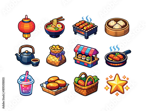 Night Market Icons. Night market. Colorful isometric vector icons set of night market: lantern, noodles bowl, skewers grill, dumpling tray, tea pot, handmade
