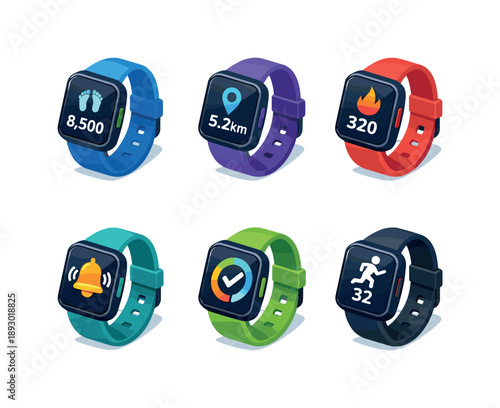 Colorful Fitness Trackers Grid. Activity Monitor. Isometric flat vector icons set of Activity Monitor: daily steps watch, distance tracking display, calories