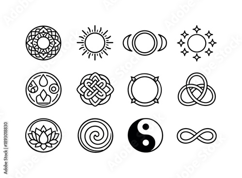Sacred Circle Icons. Sacred circle. Line icon set of sacred circle: mandala ring, sun circle, moon circle, star circle, elemental circle, harmony knot,