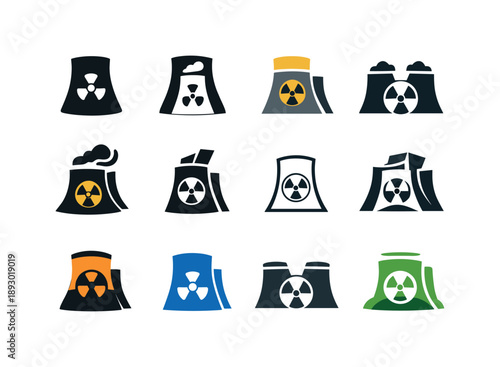 Nuclear Logo Variations. Nuclear. Icon set. Set Logo of Nuclear: nuclear reactor tower. harmonious logo variations of the same emblematic concept, each with
