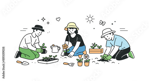 Community Garden Harmony. Gardening together. People planting flowers and seedlings side by side in a shared garden. Calm cooperation and connection with