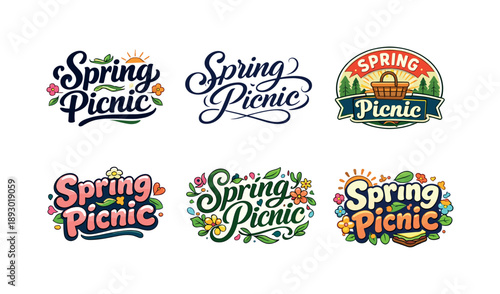 Creative Lettering Grid. Spring picnic. Set lettering. harmonious lettering variations of the same emblematic concept, each with different artistic