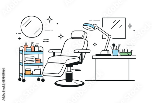 Calm Salon Setup. Beauty treatment setup. A salon chair with headrest is positioned near mirrors and tools, ready for a client. Clean workspace, readiness, and