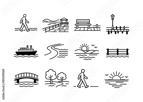 Waterfront Icon Set. Strolling Along a Waterfront. Line icon set of Strolling Along a Waterfront: person walking by river, waterfront promenade, dockside
