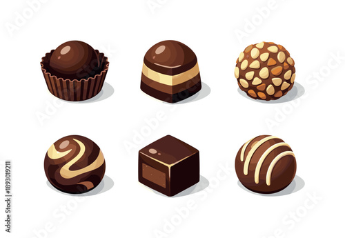Truffle Icon Collection. Truffle collection. Isometric flat vector icons set of truffle collection: truffle in paper cup, layered truffle, almond coated