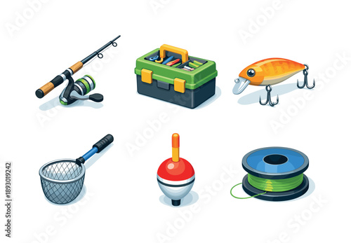 Fishing Tackle Icons. Fishing Tackle. Isometric flat vector icons set of Fishing Tackle: spinning rod with reel, tackle box organizer, fishing lure bait,