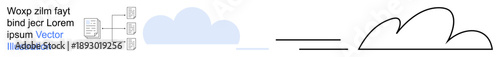 Data storage, cloud technology, networking, digital transformation, system integration, information flow. Cloud icon and data sheets with connecting lines. Data storage and cloud technology concept