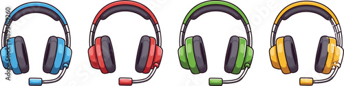Colorful over-ear headphones with microphones, blue red green yellow variants, gaming audio gear, communication headset icons, vector illustration, editable design