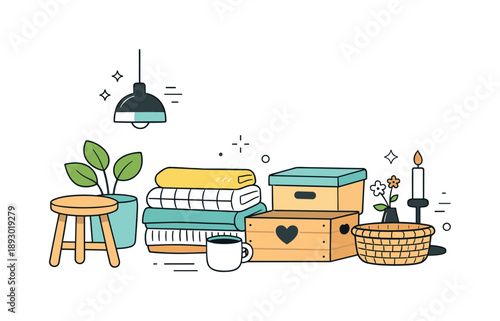 Scandinavian Home Essence. Scandinavian design elements. A collection of household items like stools, textiles, plants, and storage boxes placed in a balanced