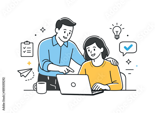 Mentorship and Collaboration. Team leader support. A leader standing next to a colleague, helping review information on a laptop. Friendly mentorship and trust