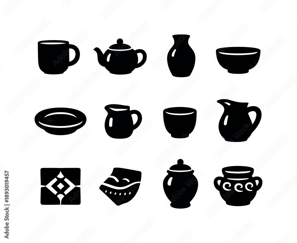 Fototapeta premium Ceramic Icon Collection. Ceramic items. Solid icon set of ceramic items: ceramic mug, teapot, vase, bowl, plate, small jug, clay cup, pitcher, ceramic tile,