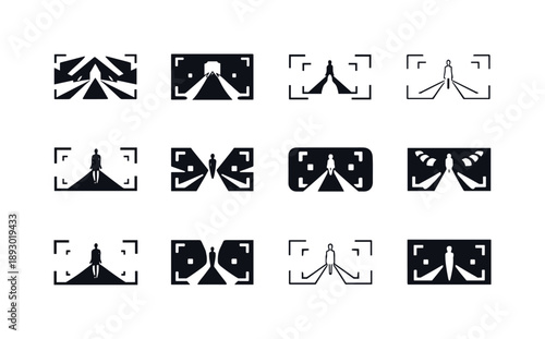 Fashion Logo Icons. Fashion photography. Icon set. Set Logo of Fashion photography: runway perspective with camera viewfinder. harmonious logo variations of