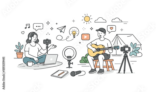 Cozy Vlog Setup. Casual vlog setup. People filming content at home or in a cozy outdoor setting, relaxed postures and light tech gear visible. Illustration