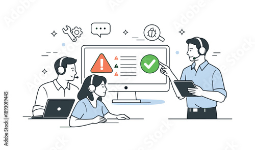 Tech Troubleshooting Team. Tech support team troubleshooting. Specialist pointing at a screen with warning and check icons. Focused problem-solving and
