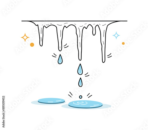 Melting Icicles Art. Last icicles dripping illustration. Thin melting icicles hanging from a minimal edge, with soft droplets falling and small motion lines