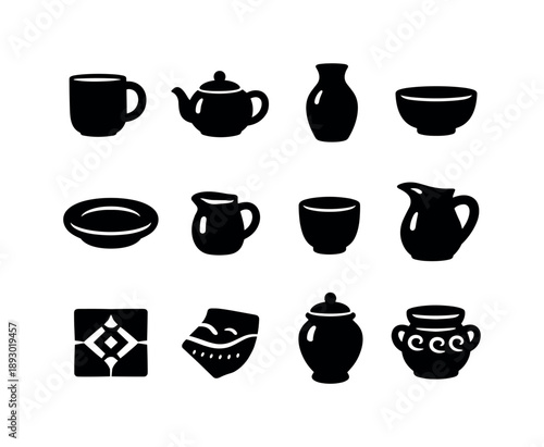 Ceramic Icon Collection. Ceramic items. Solid icon set of ceramic items: ceramic mug, teapot, vase, bowl, plate, small jug, clay cup, pitcher, ceramic tile,