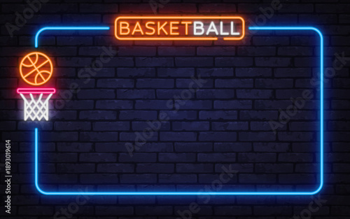 Neon basketball hoop and ball with glowing frame create a bold sports banner. Dynamic layout fits street games, tournaments, and event promotion.