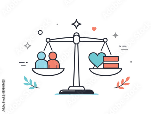 Balance of Justice. Justice and Equality. Abstract scales paired with equal shapes on both sides, visually expressing impartiality and human rights. Clear