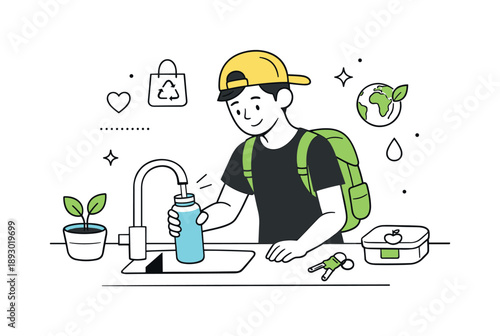 Zero Waste Living. Zero waste daily life. A person refilling a water bottle at home before going out. Small daily action expressing responsibility