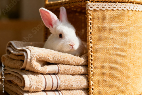 White fluffy rabbit curious peeking from towel-lined woven basket with sunlight