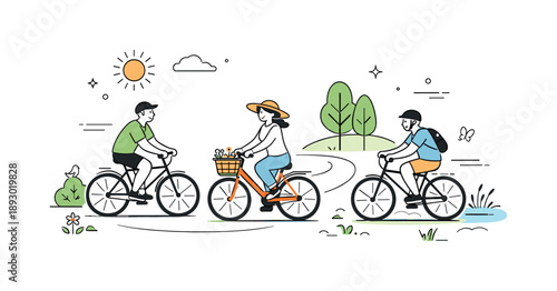 Leisurely Bicycle Ride. Summer outdoor fun. People riding bicycles slowly along a sunny path, surrounded by trees and calm movement. Leisurely summer activity,