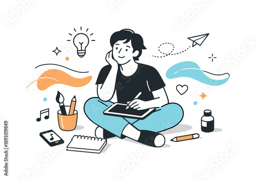 Creative Inspiration Portrait. Portrait of an artist and cultural creator. A relaxed figure with creative tools nearby, such as a brush or tablet, captured in