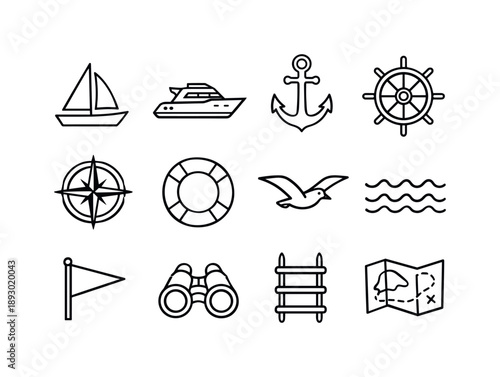 Sailing Icons Collection. Sailing and yacht travel. Line icon set of Sailing and yacht travel: sailboat, yacht, anchor, steering wheel, compass, lifebuoy,