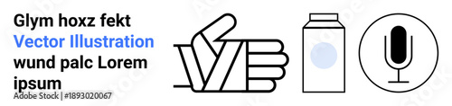 Communication, injury awareness, food packaging, broadcasting, symbol design, lifestyle visuals. A bandaged hand, milk carton microphone icon in bold minimalist lines. Communication and injury
