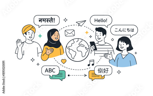 Global Language Exchange. Language Diversity Illustration ? Global Communication. Characters from different cultures exchanging messages with multilingual text